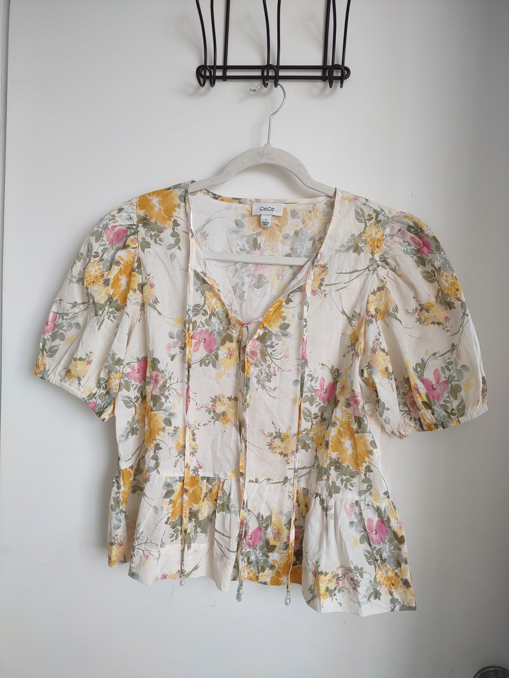 CeCe Cream Floral Peplum Cotton Blouse with Yellow & Pink Flowers - Picture 1 of 9